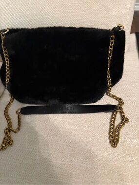 Black Faux-Fur Crossbody with Gold Chain Strap